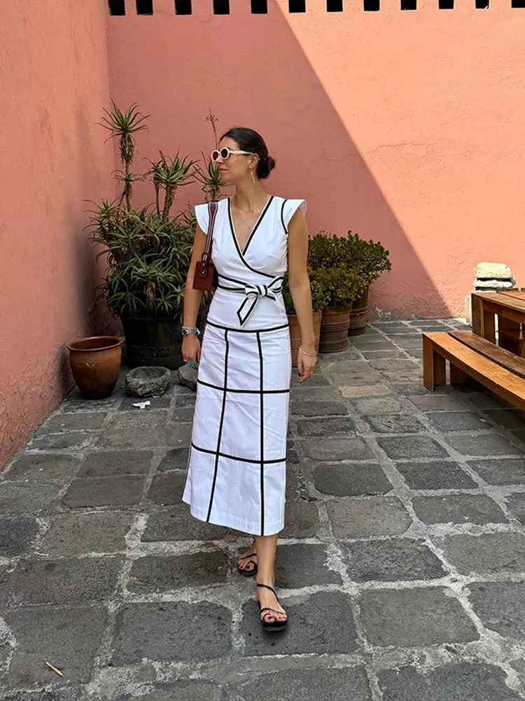 Elegant Contrast Striped Long Skirt Suits Women Chic V Neck Flying Sleeves Lace Up Crop Top Set 2024 Summer Lady Street Outfits