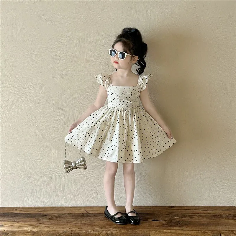 

Summer New Girls Apricot Wave Dot Little Flying Sleeve Dress Little Girls' Waist Princess Dress