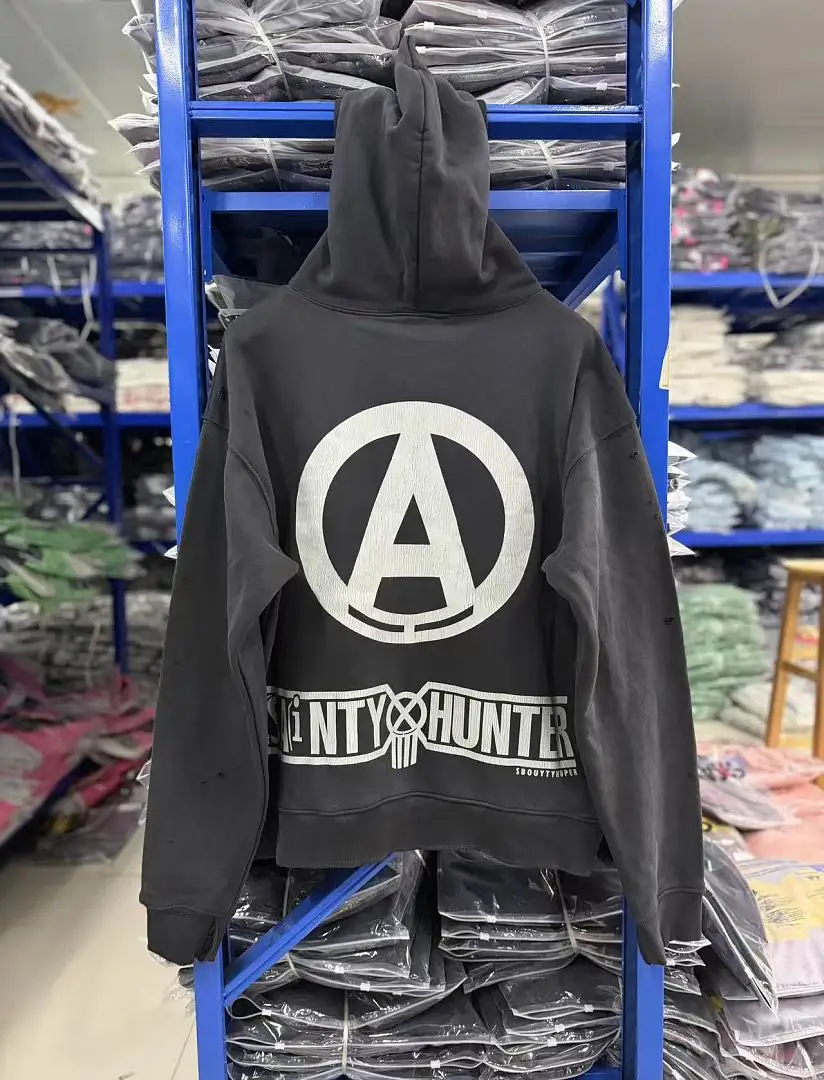 SS26 Saint x Anime 666% Big A Printed Women Men Washed Hoodie Sweatshirt Hiphop Oversized Men Distressed Hoodie Pullover