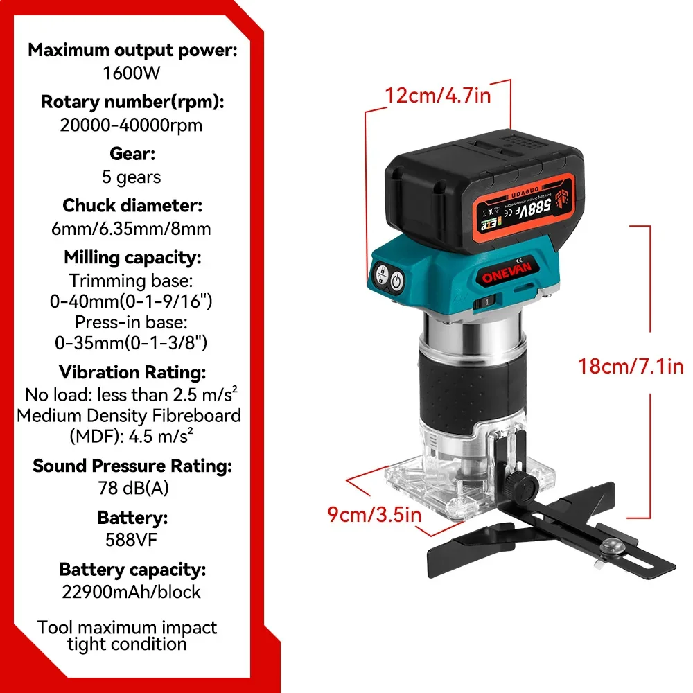 Aparador de mão elétrico sem escova, 5 velocidades, 1600w, roteador de madeira sem fio, gravura em madeira, entalhe para makita, bateria de 18v