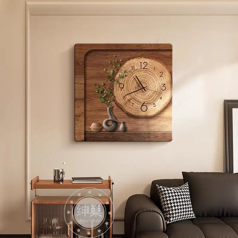 Wabi Sabi Wall Clock Art Frameless Solid Wood Mural Dining Room Decor Canvas Living Room Wall Clock Painting Timepiece Decor
