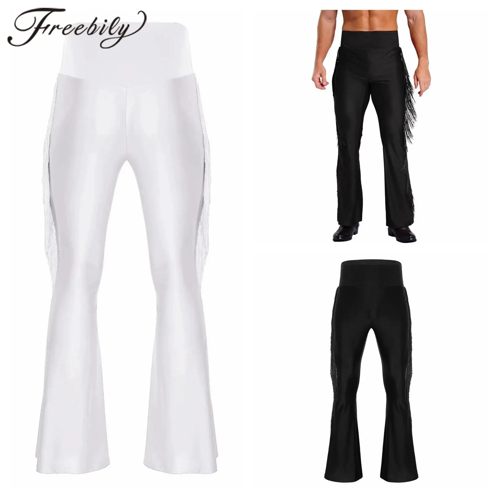 Mens Latin Dance Tassel Flared Pants Disco Costume Stage Performance Clubwear Salsa Jazz Vintage Party Bell-Bottom Trousers