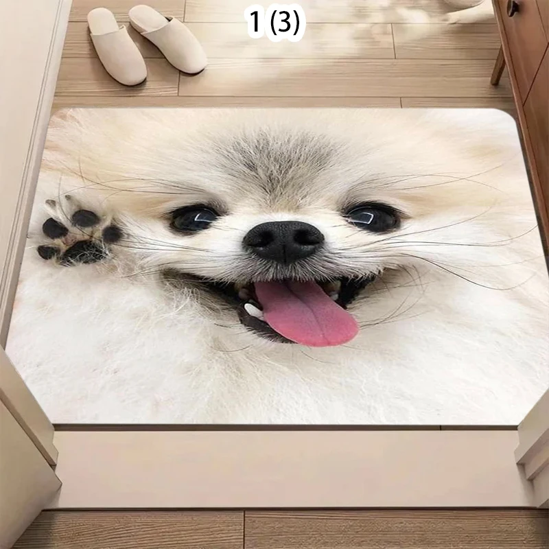 Fluffy White Pomeranian Dog Smiling with Tongue Out Playful Pet Portrait Non Slip Floor Carpet Cute Animal Rug for Home Decor