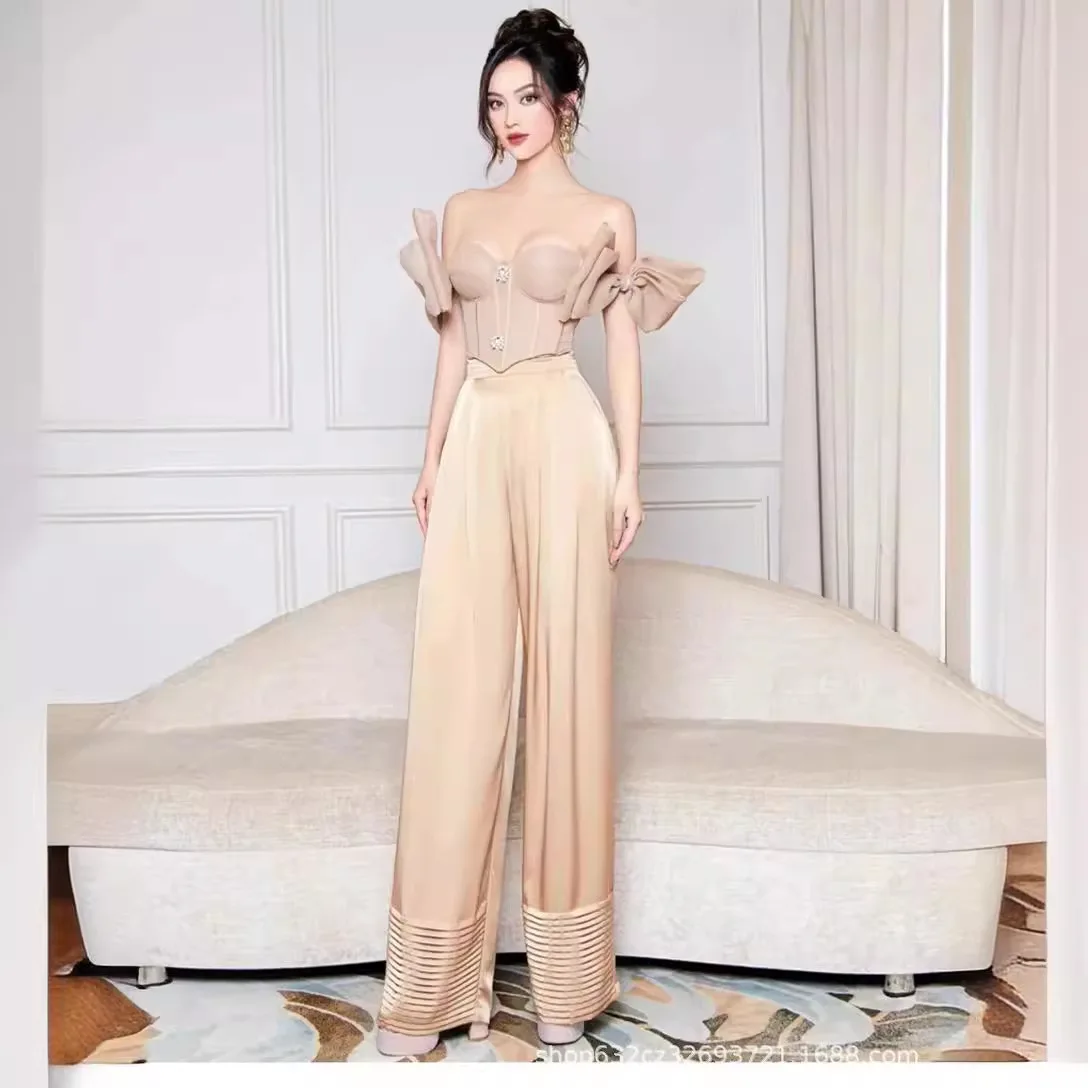 Strapless Top High-Grade Balanced Bow Tube Top Women 2024 Summer New French Socialite Style Satin Wide-Leg Pants Two-Piece Set