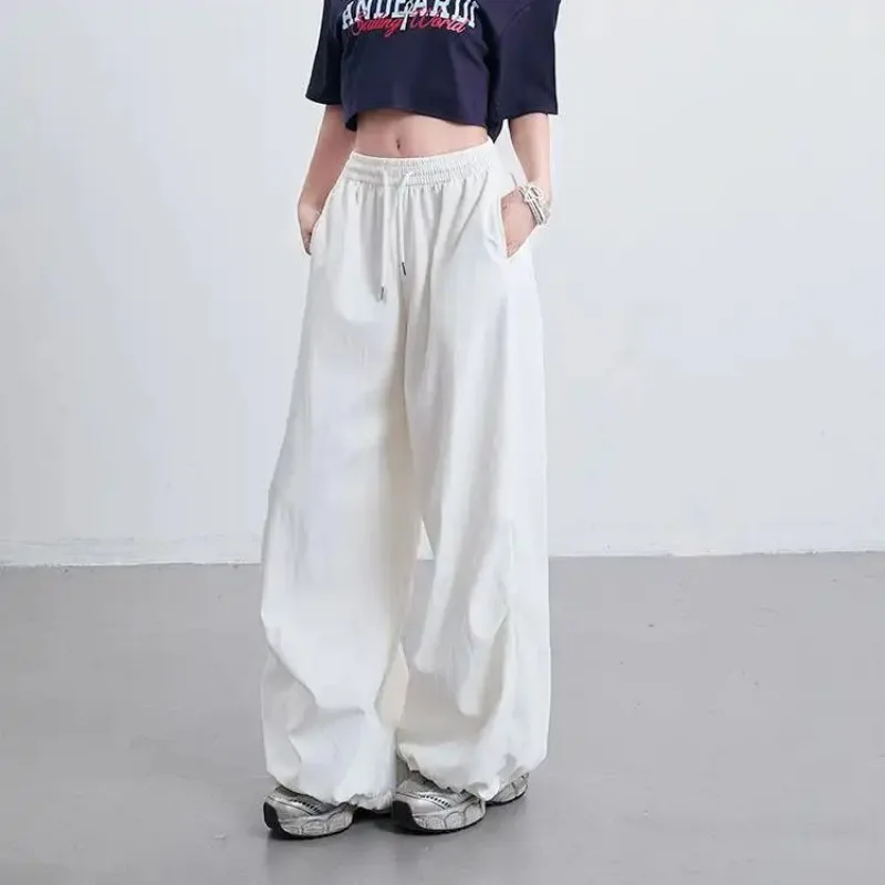 Women American Retro Street Loose Parachute Cargo Pants Summer Casual Wide Leg Trousers S XL