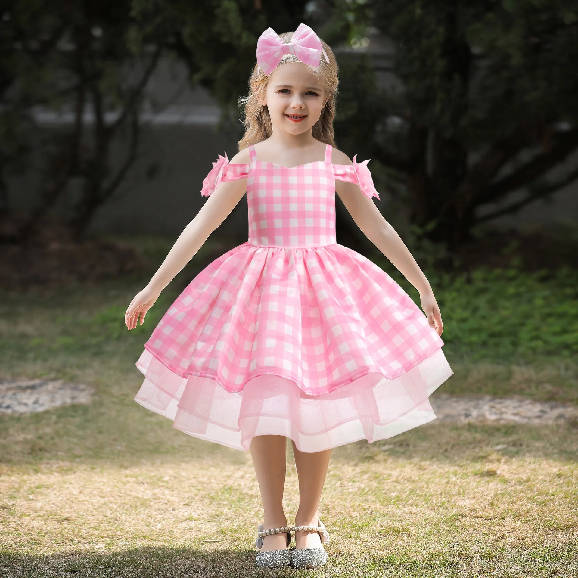 Ecoparty Summer Plaid Strap Sweet Pink Bow Tie Strap Swing Dress Women Lady Costume Dress per neonate