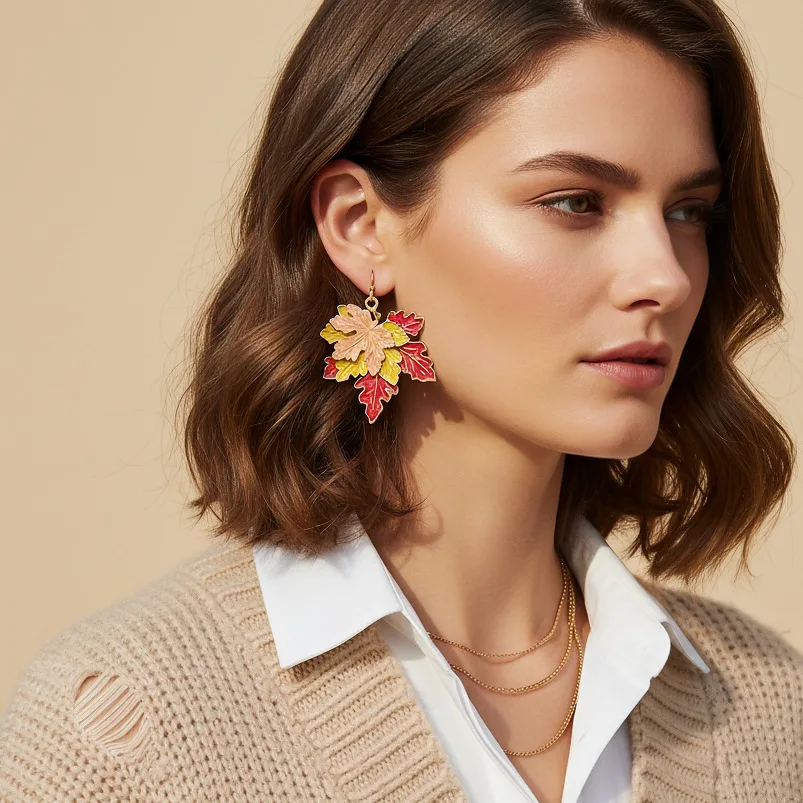 INS exaggerated pastoral holiday style multi-layer gradual change color maple leaf earrings fresh Mori enamel leaf earrings