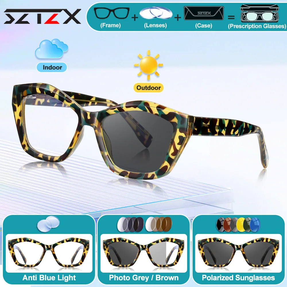 

SZTZX Currents Polygonal Photochromic Prescription Myopia Optical Glasses Blue Light Filter Progressive Reading Eyeglasses Women