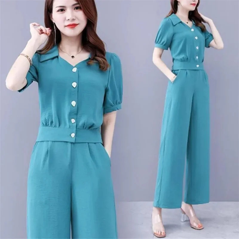 Trousers Suit 2024 Summer Sets Fashion Two-piece Suit Short Sleeve V-neck Shirt And Pant Solid Color Suit For Women Elegant 3XL