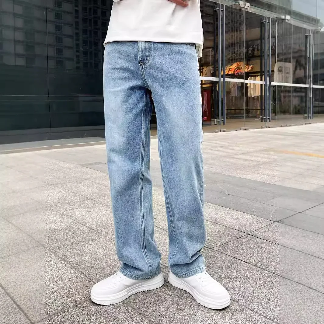 Pop Four Seasons New Fashion Men's Casual Trendy Washed Light Blue Solid Color Loose Jeans Pants Straight Denim Trousers Male Je