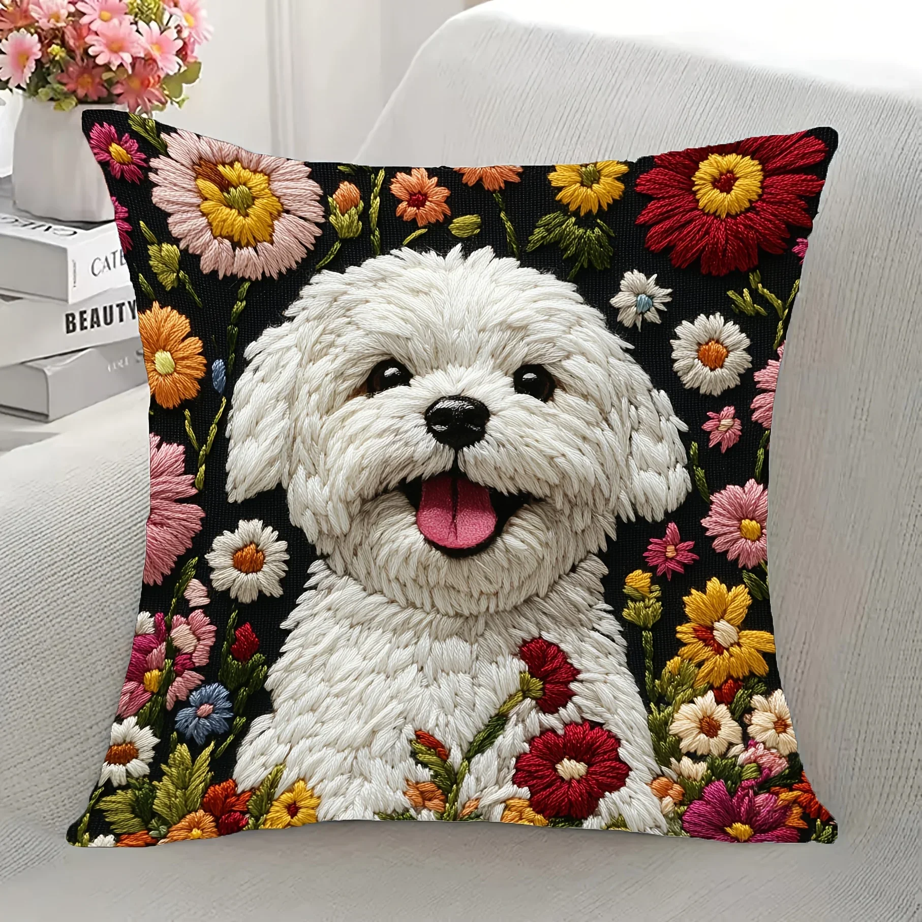 Floral Maltese Dog Cushion Covers Bedroom Zipper Square Sofa Pillowcase Chair Pillow Covers Home Living Room Decor Gift