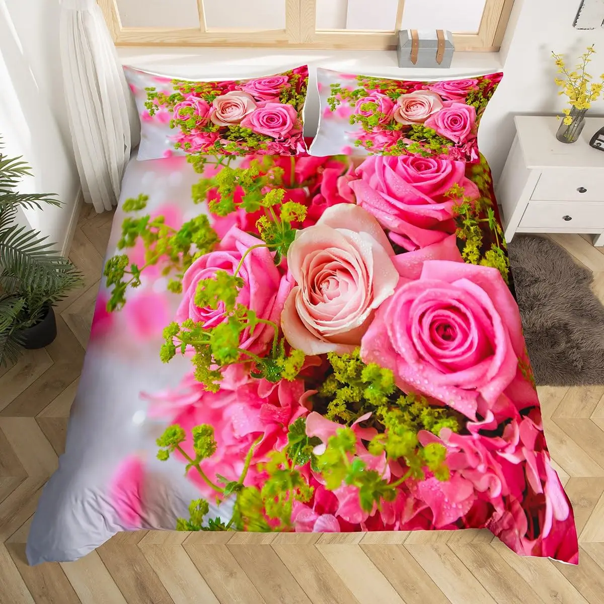 Rose Duvet Cover Rose Floral Print Bedding Set Romantic Flowers Comforter Cover for Boys Girls Teens Room Decor, Twin King Size