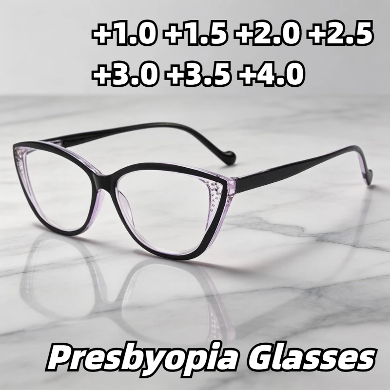 Fashion Large‑Frame Cat‑Eye Reading Glasses Sparkling Diamond‑Encrusted Design Comfort High‑Definition Presbyopia Eyewear