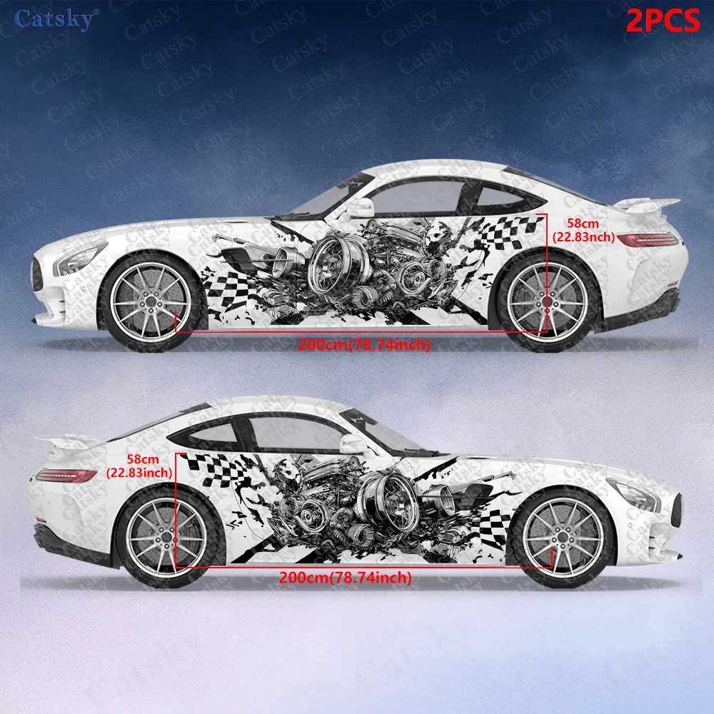 2pcs.Spiral Mutated Engine Car Side Decals | Self-Adhesive PVC Waterproof & Scratch-Resistant Stickers, Fashionable Decal