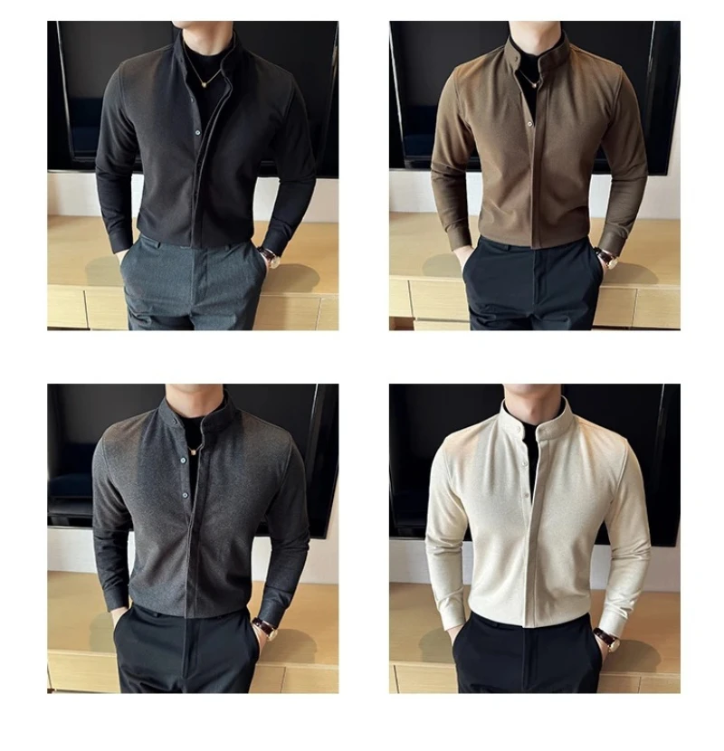 Casual Shirt Sweater, Brown Slim Men's Half-High Collar Top, Brushed Fabric Stand Collar Shirt