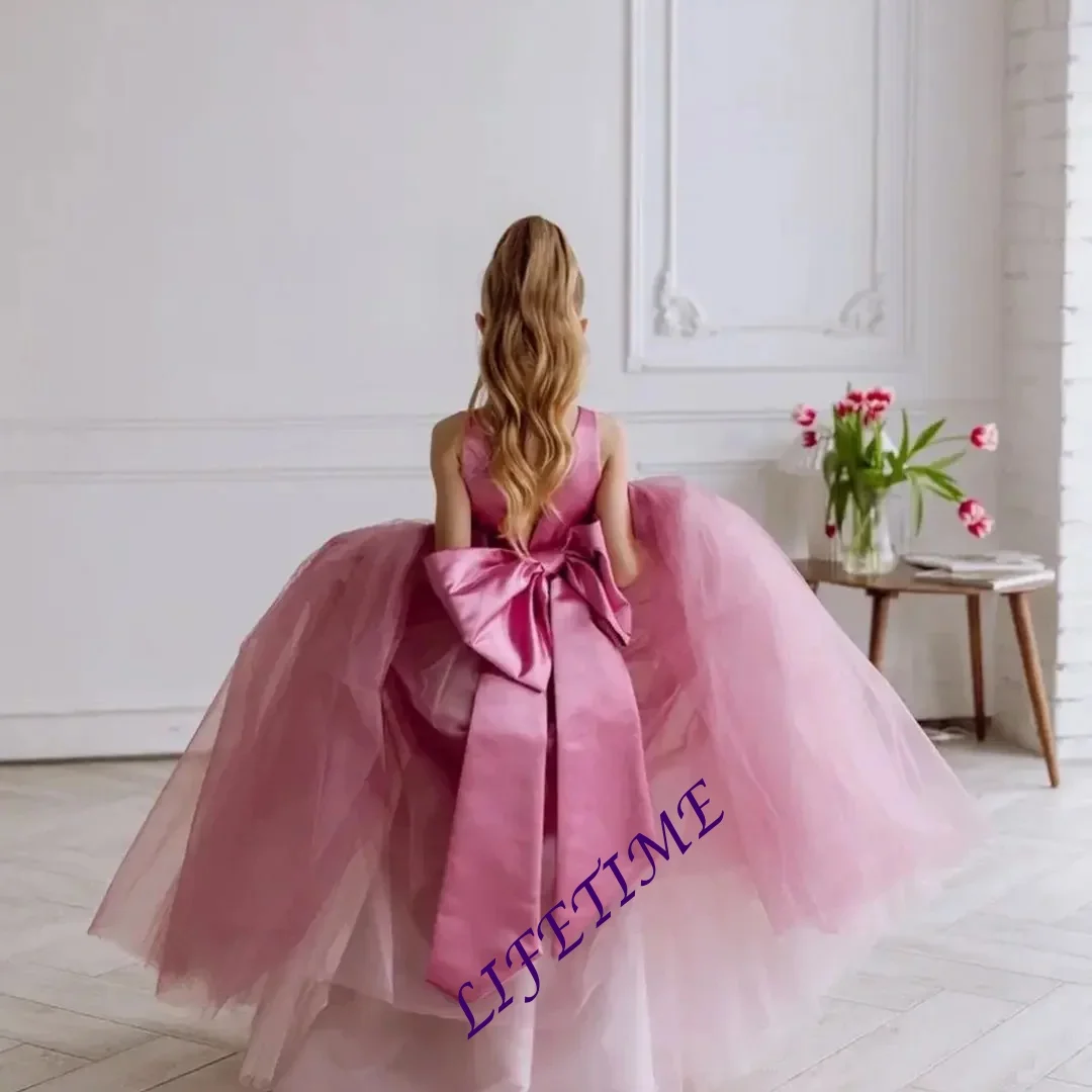 

Индивидуальное качественное розовое пышное платье для девочек с бантом, без рукавов, из фатина, для свадеб, детских дней рождений, балов и банкетов