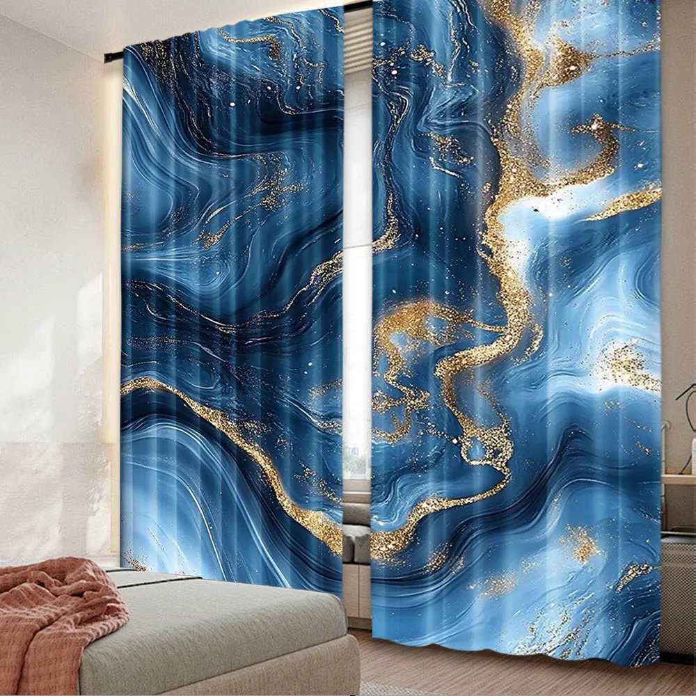 2Pcs Modern Simplistic Curtain Abstract Marble Luxury Art Beautiful Blue And Gold Decorative Window Drapes A