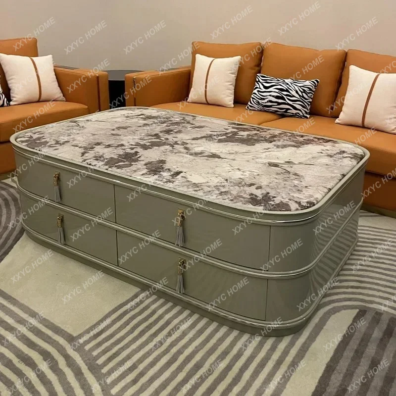 L light luxury marble surface coffee table Hong Kong style simple high-end living room solid wood tea table