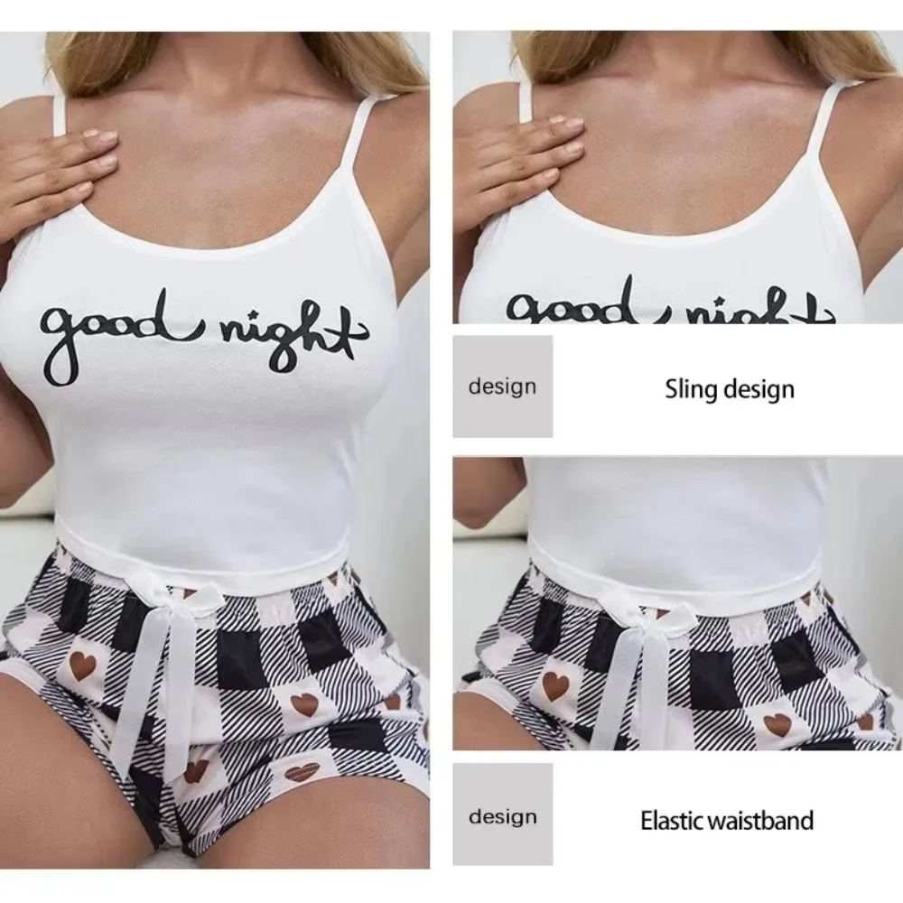 

Printed Letter Top Women's Camisole Pajama Set Checkered Printed Shorts Home Pajama Set Sling Pajamas Sling Shorts Thin Pajamas