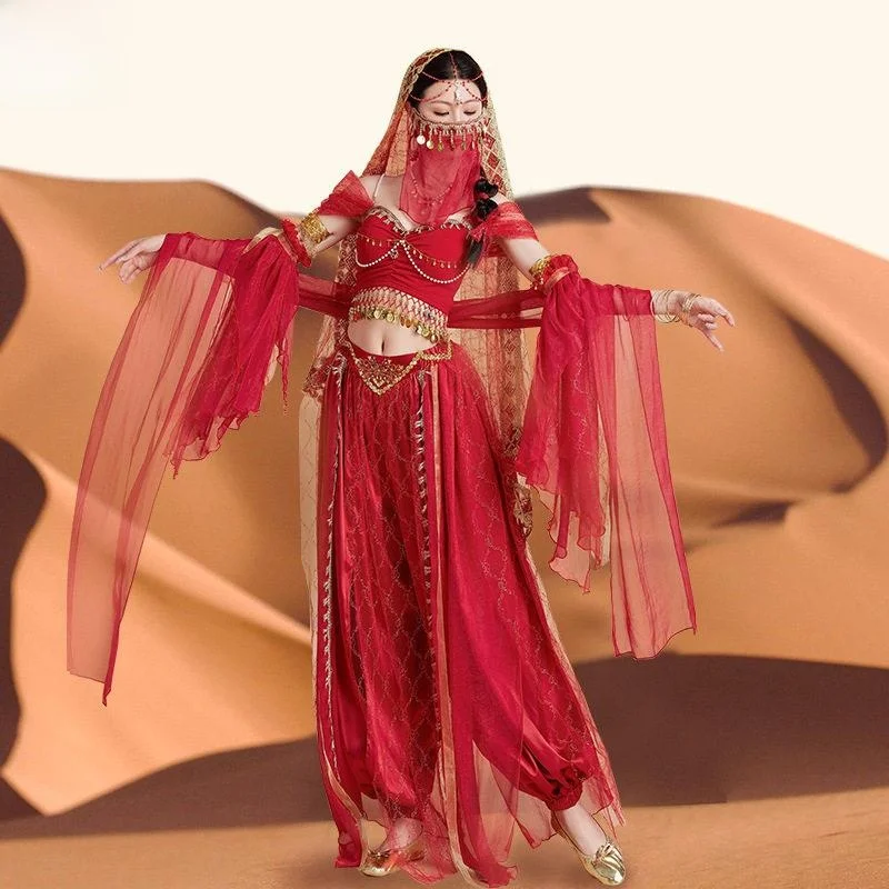 Halloween Jasmine Princess Cosplay Costume Belly Dance Stage Suit Women's Multi-piece Set Champagne Color Traditional Ethnic ...