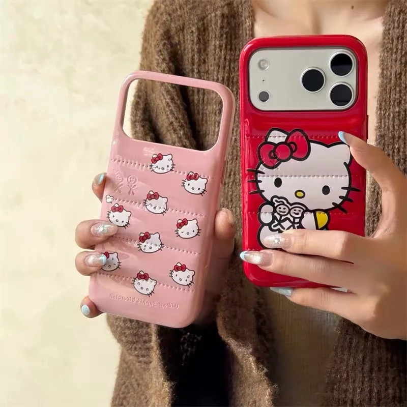 

Luxury Cute cartoon Hello Kitty Leather Down Jacket Phone Case For iPhone 14 15 16 17Pro Max Fashion Anime Kitty Anti Drop Cover