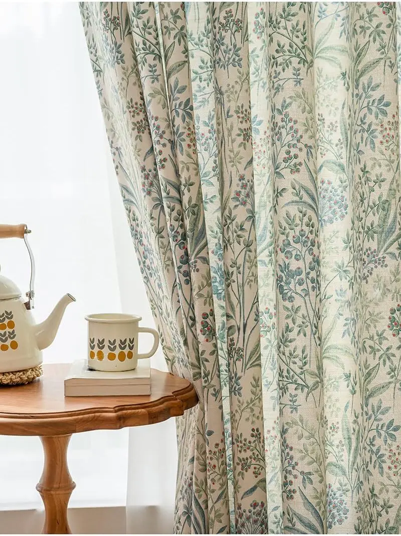 Bohemian Pinch Pleated Cotton Linen Blend Semi Blackout Drapes Farmhouse Floral White Window Panel