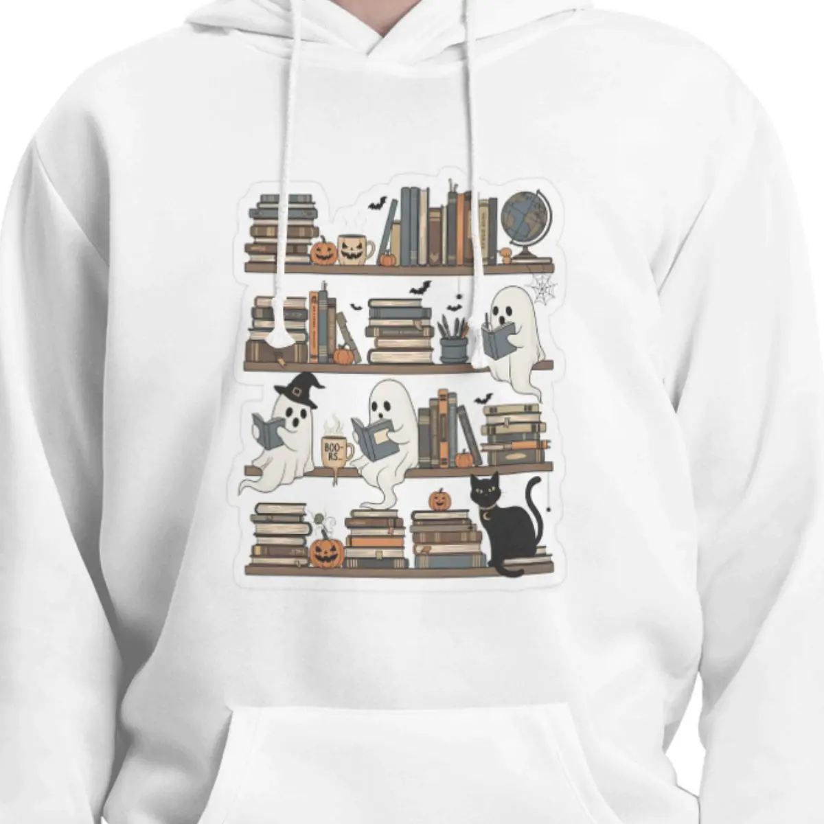 Halloween Ghost Bookshelf Library Book Hoodies Men Women Casual Pullover Sweatshirt Fashion Long Sleeve Hooded Autumn Winter