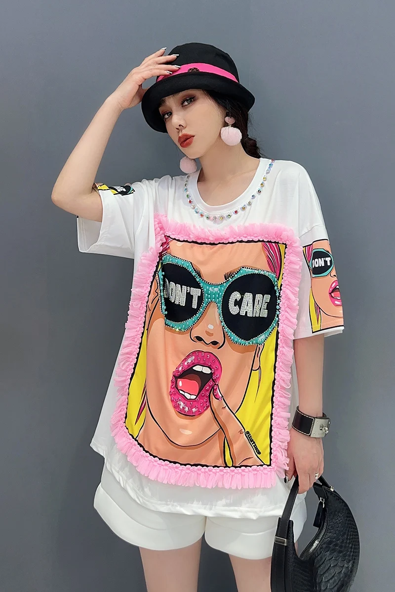 2024 Summer New Heavy Industry Diamond Printed T-shirt Female Fashion Mesh Wooden Ear Casual Loose Cartoon Top for Women