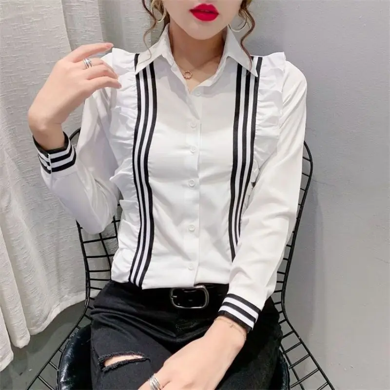 Fashion Lapel Button Spliced Loose Ruffles Striped Shirt Women\'s Clothing 2022 Autumn New Casual Tops All-match Commute Blouse