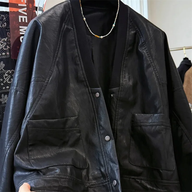 Women's Jackets New Fashion Loose High Sense Relaxed Casual V-neck pu Leather Jacket Women's Spring and Autumn Leather Coat