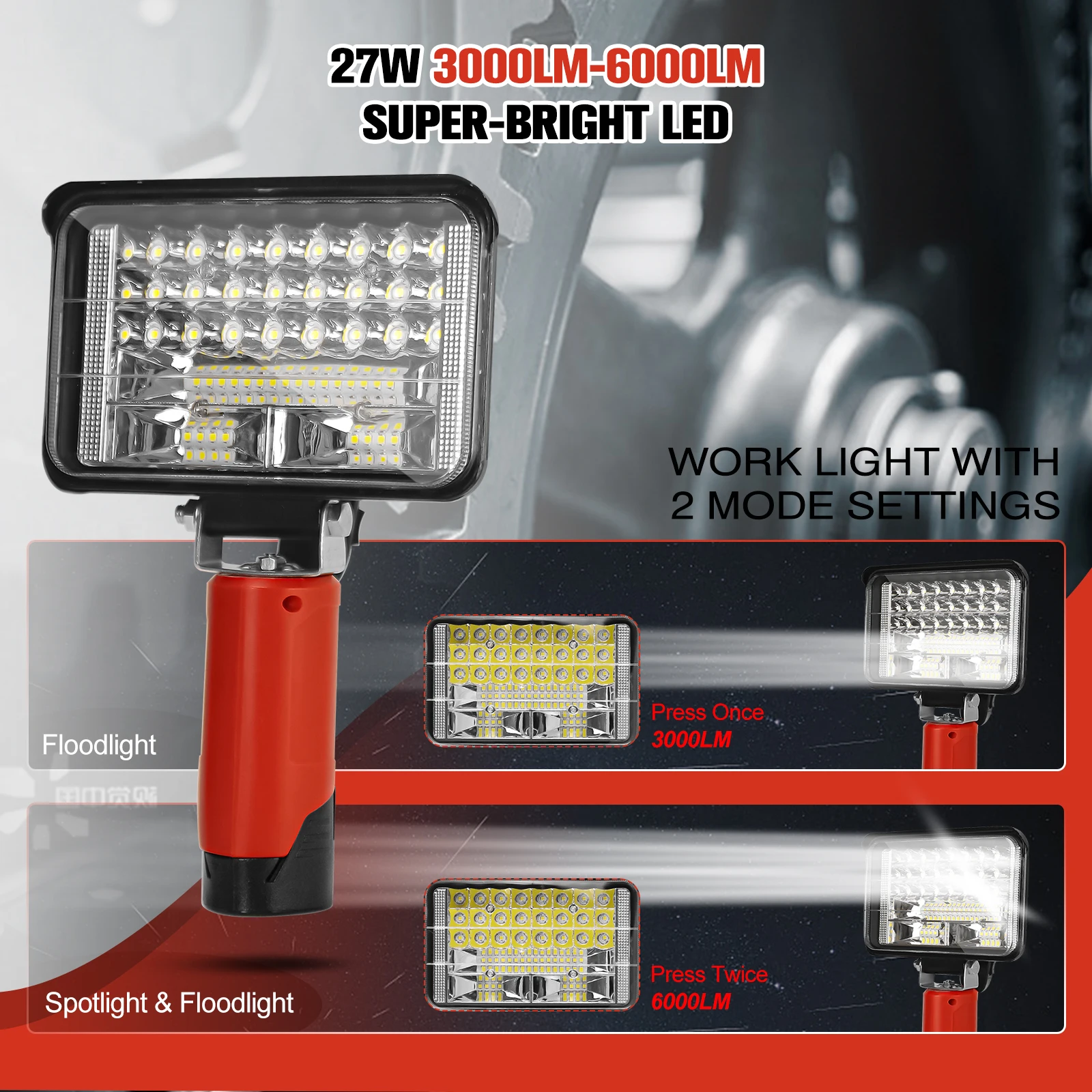 โคมไฟทำงานแบตเตอรี่ Li-ion ขนาด27W แบบชาร์จไฟได้โคมไฟ LED กลางแจ้งตั้งแคมป์กลางแจ้งแบบพกพาสำหรับ milwaukee 10.8V-12V