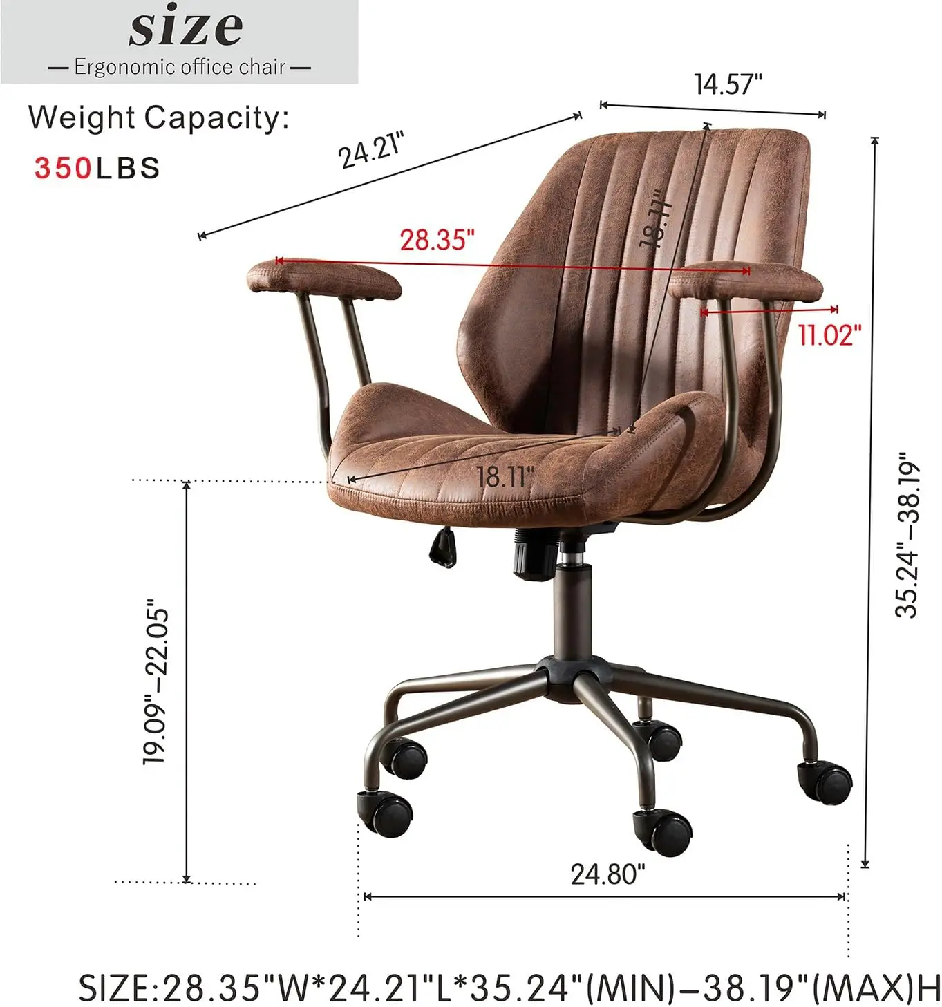 Office Ergonomic Chair, Mid-Century Modern Leather Chair, Swivel Rolling Task Desk Chair with Armrest Wheels, Comfy C