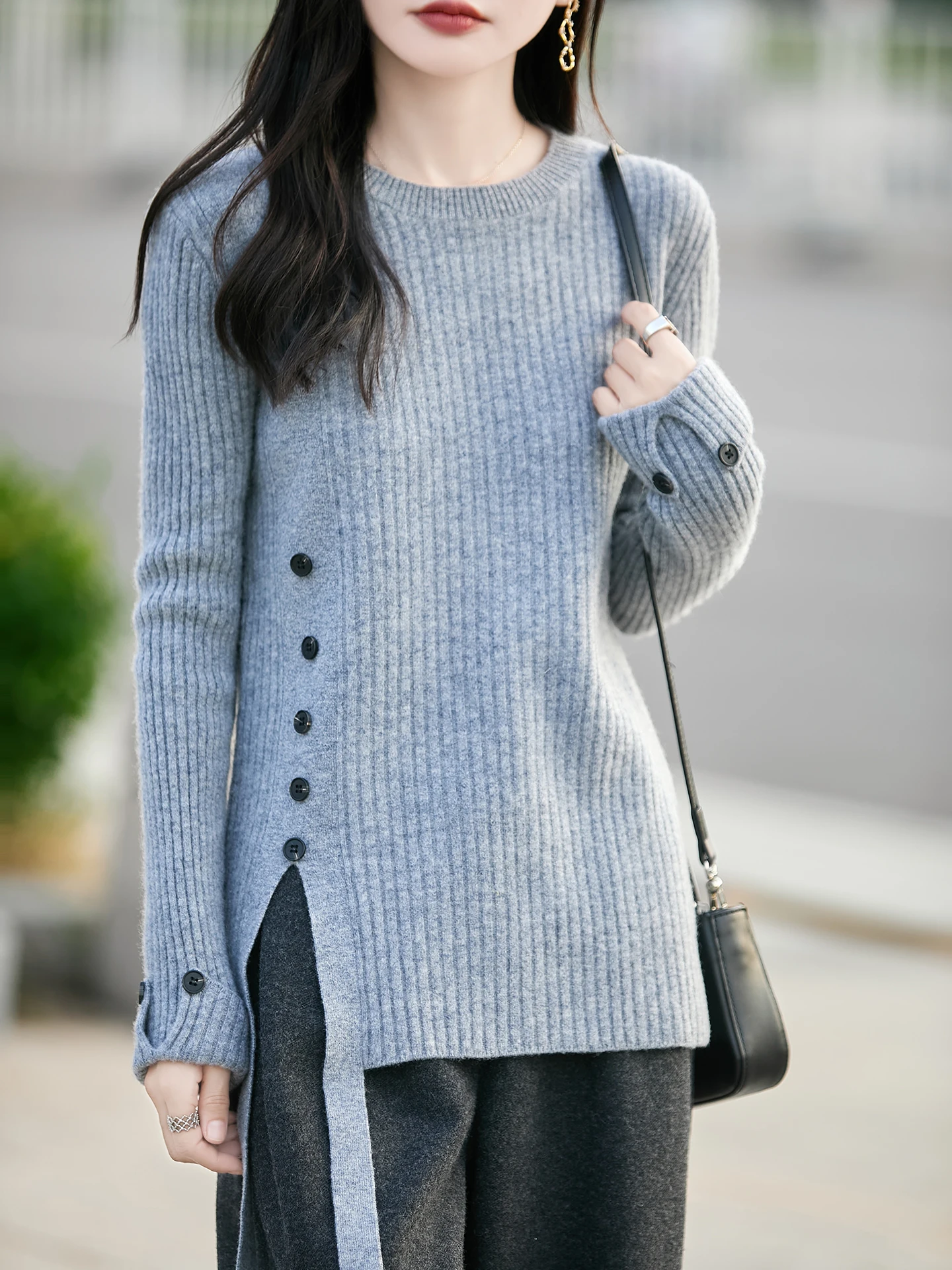 

Women’s 100% Merino Wool Sweater Pullovers O-neck Cashmere Side Slit Autumn Winter Long Sleeve Solid Grace Fashion Clothing Top