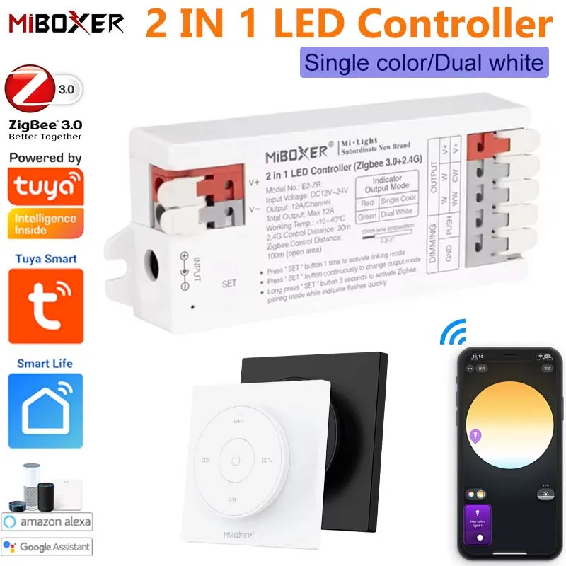 Miboxer 2in1 LED Controller Zigbee3.0 Tuya Single Color CCT 5050 COB LED Light Dimmer 2.4G Remote Control for Echo Plus Google