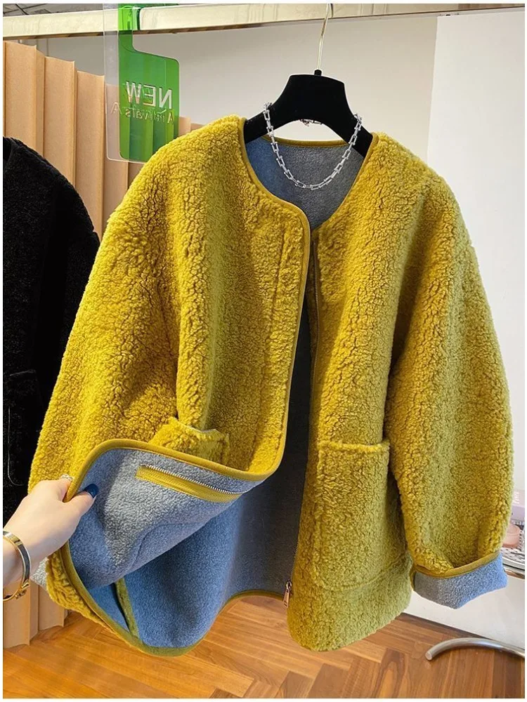 Plush Size Solid Faux Lamb Fur Jacket Zipper Leisure Loose Plush Coat O Neck Furry Jackets Winter Warm Women's Fluffy Cardigans