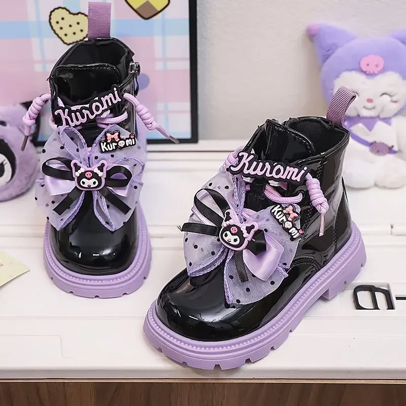 2024 Kawaii Sanrio Kuromi Girls Boots Autumn Sweet Cute Cartoon Children Martin Boots Princess Shoes Leather Boots Gift for Kids