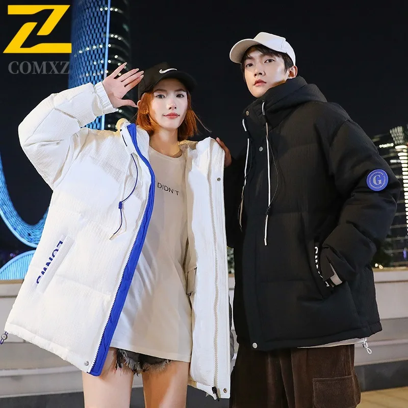 COMXZ 2025 Winter Couple Solid Color Hooded Down Jacket Men Women Thickened Warm Trendy White Duck Feather Parka Coat