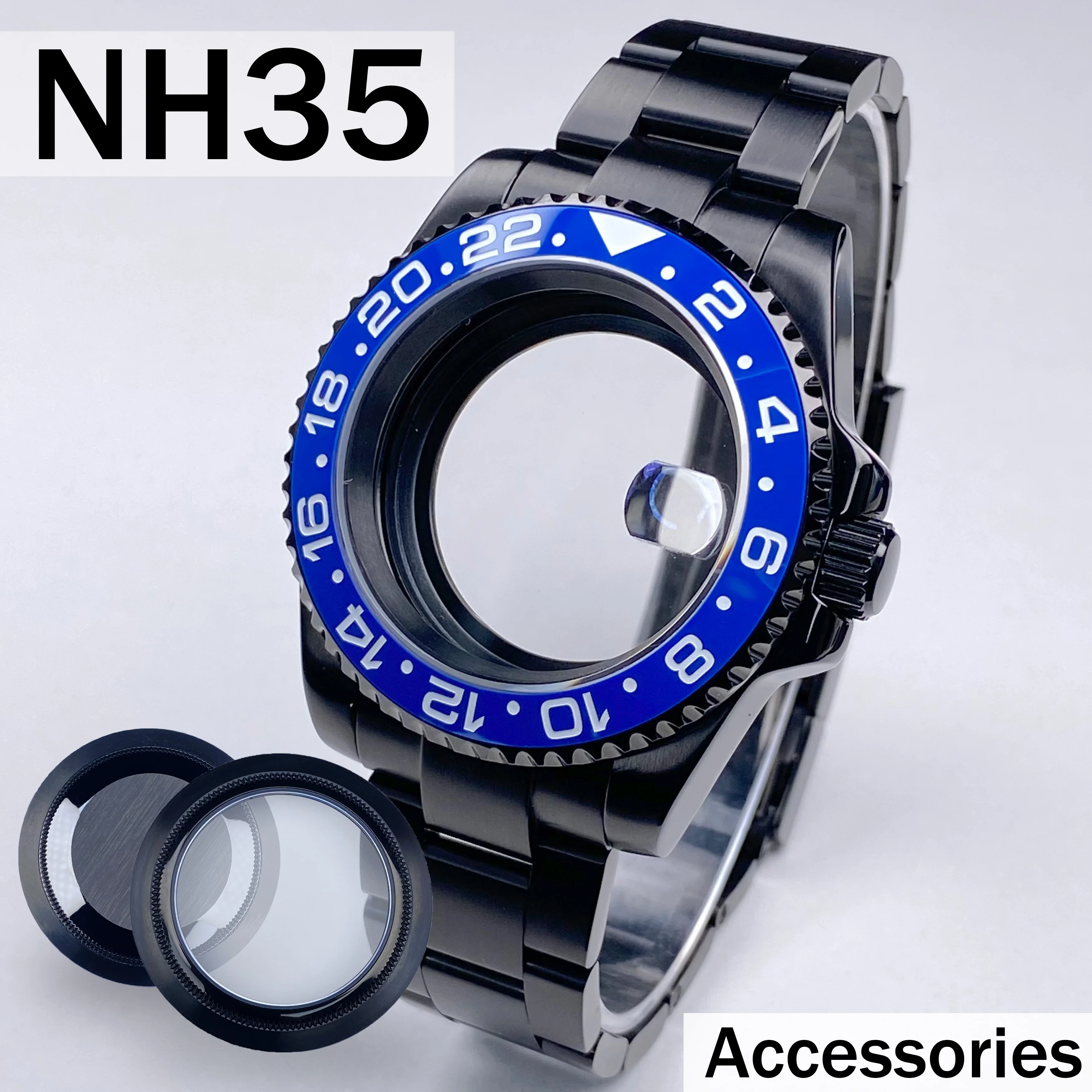 Caja de reloj negra NH35 de 40mm para pieza de repuesto Seiko, caja de acero inoxidable con cristal de zafiro compatible con caja de reloj con movimiento NH34/35/36