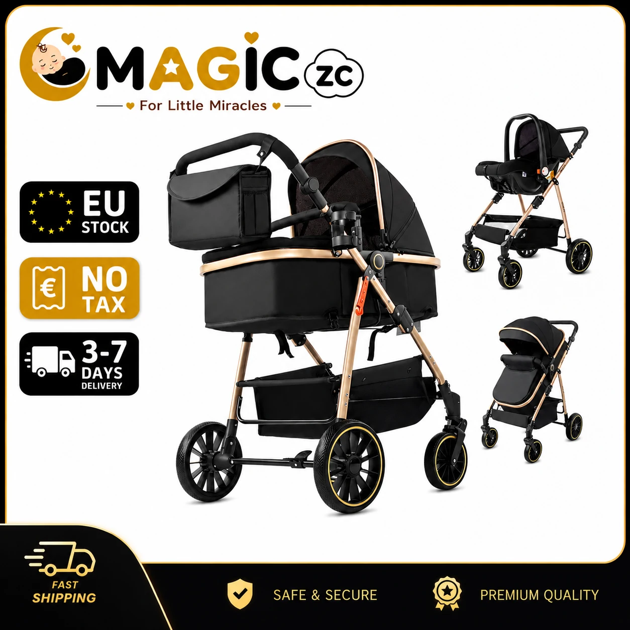 Poussette 3 en 1 pour bébé, système de voyage pour nouveau-né, landau, chariot pour bébé, poussette légère, poussette bébé 3 en 1 avec nacelle, siège auto pour bébé, siège réversible, poussette pliable, absorption des chocs, roues EVA, accessoires pour bébé, 0-36 mois, nourrissons, enfants