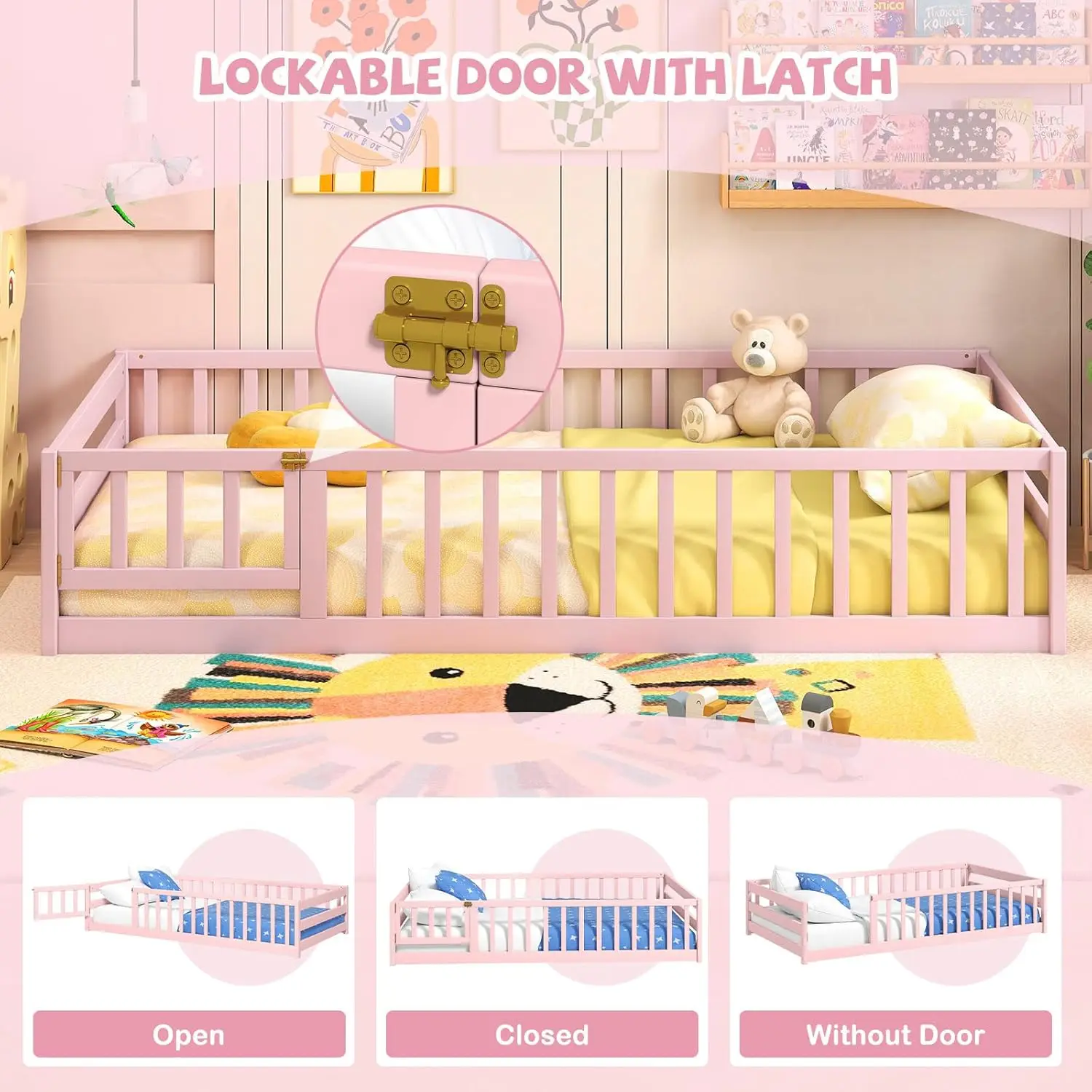 Lit double pour enfants avec garde-corps de sécurité, aucun sommier tapissier nécessaire, rose