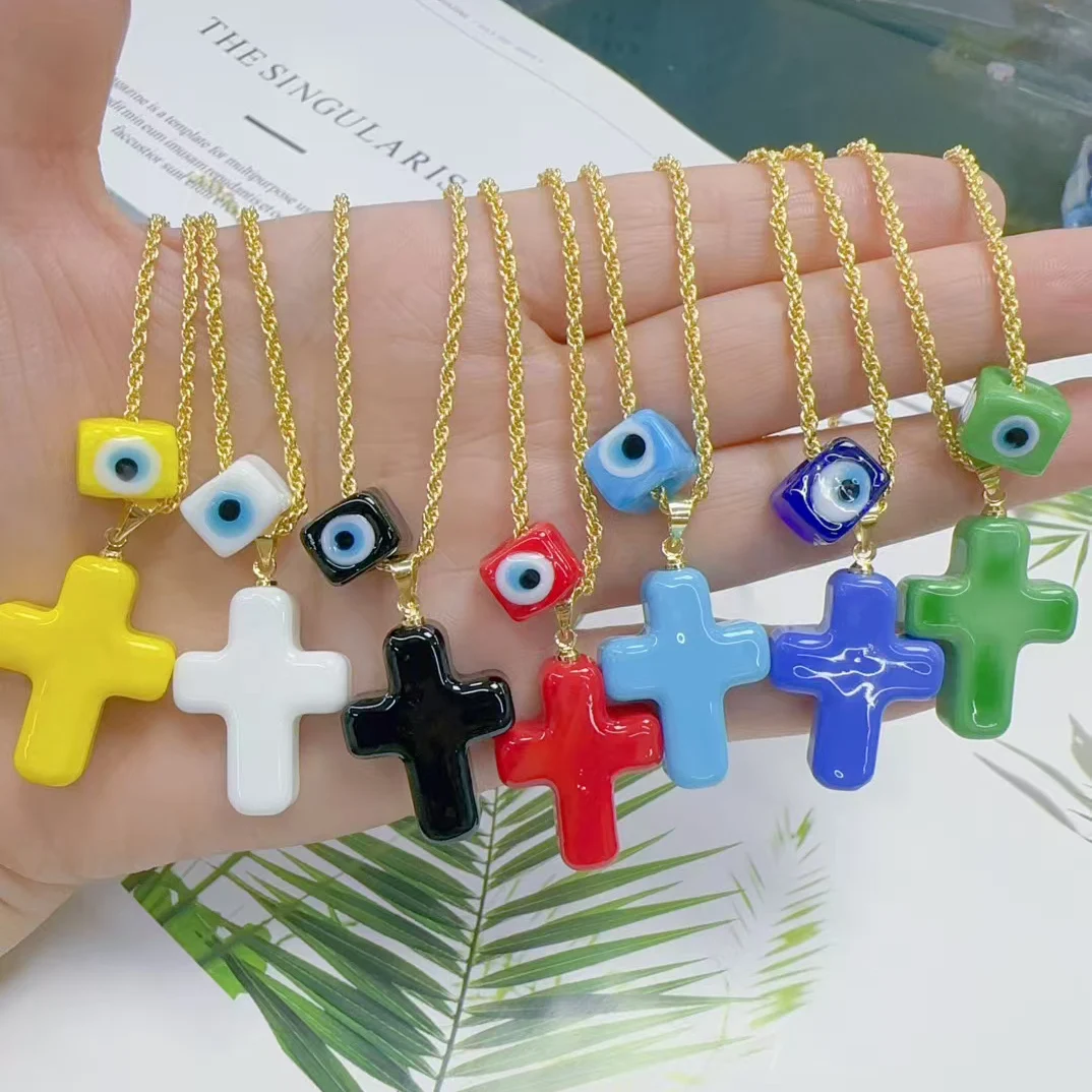 

5Pcs/ Fashion 18k Gold Plated Lampwork Glass Evil Eyes Cube Bead and Cross Turkish Pendant Chain Necklace Lovely Lucky Jewelry