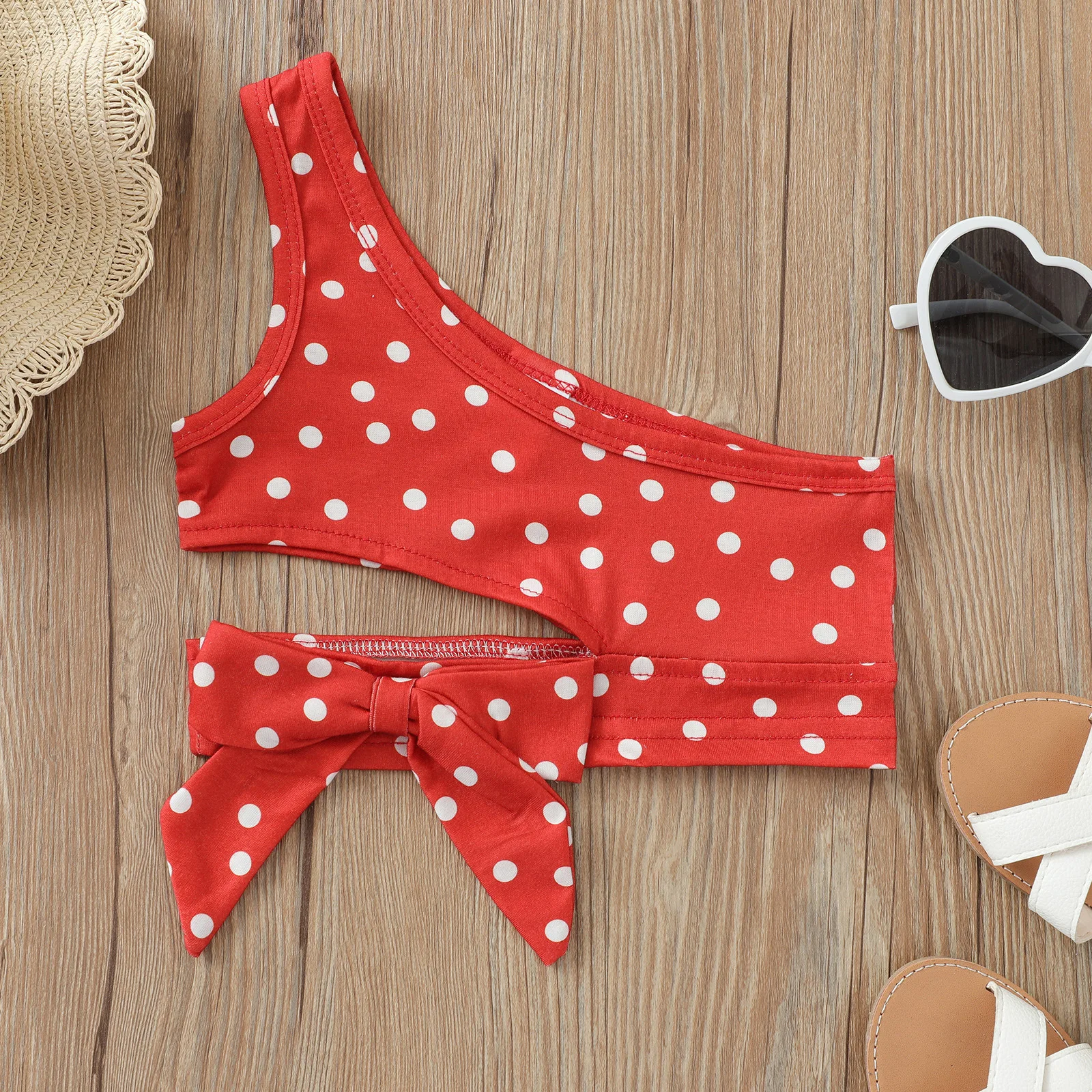 Summer Girl Tees with Bowknot Girl Clothes Crop Top Chic Polka Dot Off Shoulder Short Sleeve Shirt Fashion Kids Outfits Children