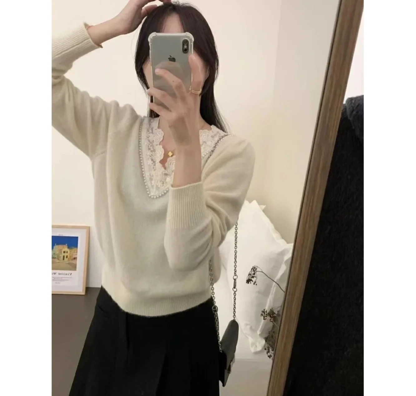 

Новая серая трикотажная женская базовая рубашка с кружевным воротником и длинными рукавами, осень-зима, новый стиль