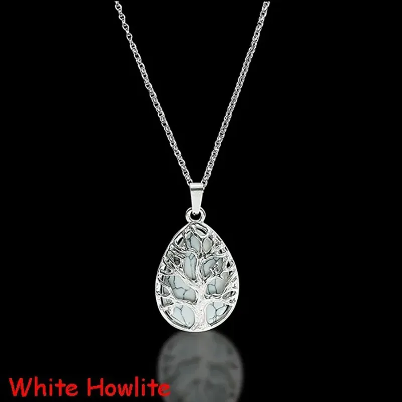 Tree of Life Natural Gemtone Crystal Amethyst Rose Quartz Tiger Eye Stone Water Drop Pendant Necklace for Women Men Jewelry