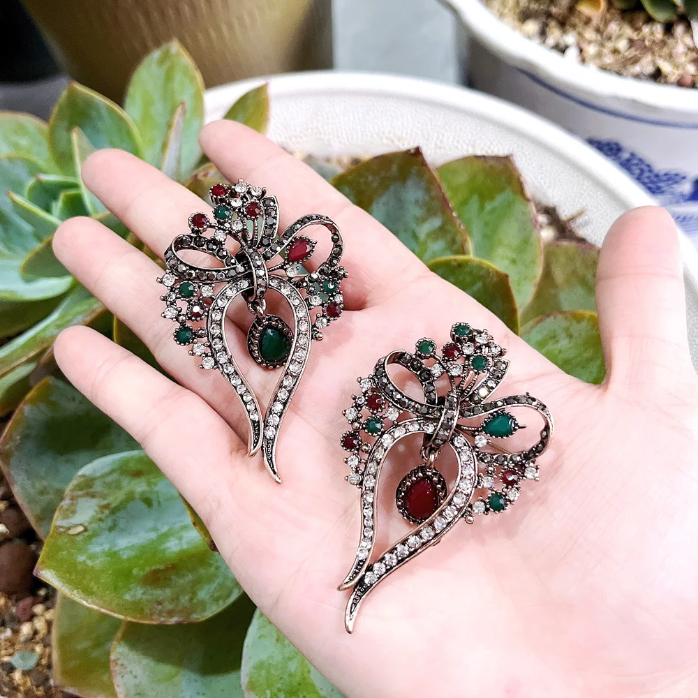 Vintage Women Bow Brooch Turkish Dress Brooch Crystal Antique Gold Color Indian Resin Pins Bohemia Bride Jewelry Sunspicems image 2