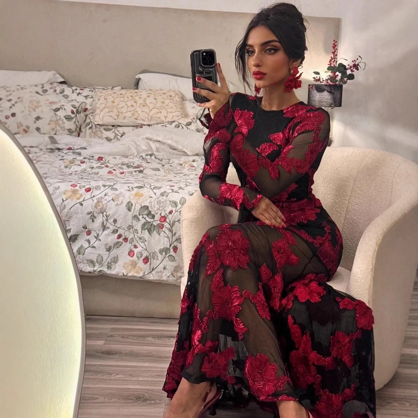 DSMTRC Frauen Lange Flare Hülse Sexy Party Kleider Luxus Gestickte Blumen Mech Patchwork Sheer Elegante Mantel Meerjungfrau Vestidos