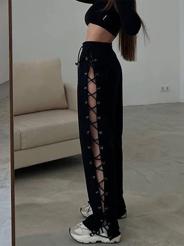 High Street Summer Harajuku Trend Side Hollow-out Loose Style Sweatpants Jogging Bottoms Drawstring Stretchy High Waist Trousers