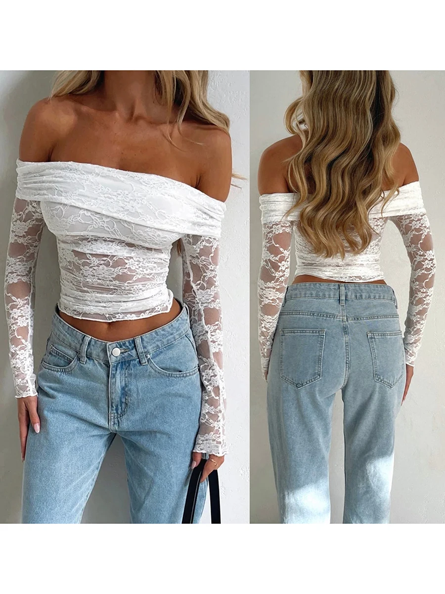 Women s Spring Summer Lace Tops Long Sleeve Off Shoulder Slim Fit Cropped T-shirt