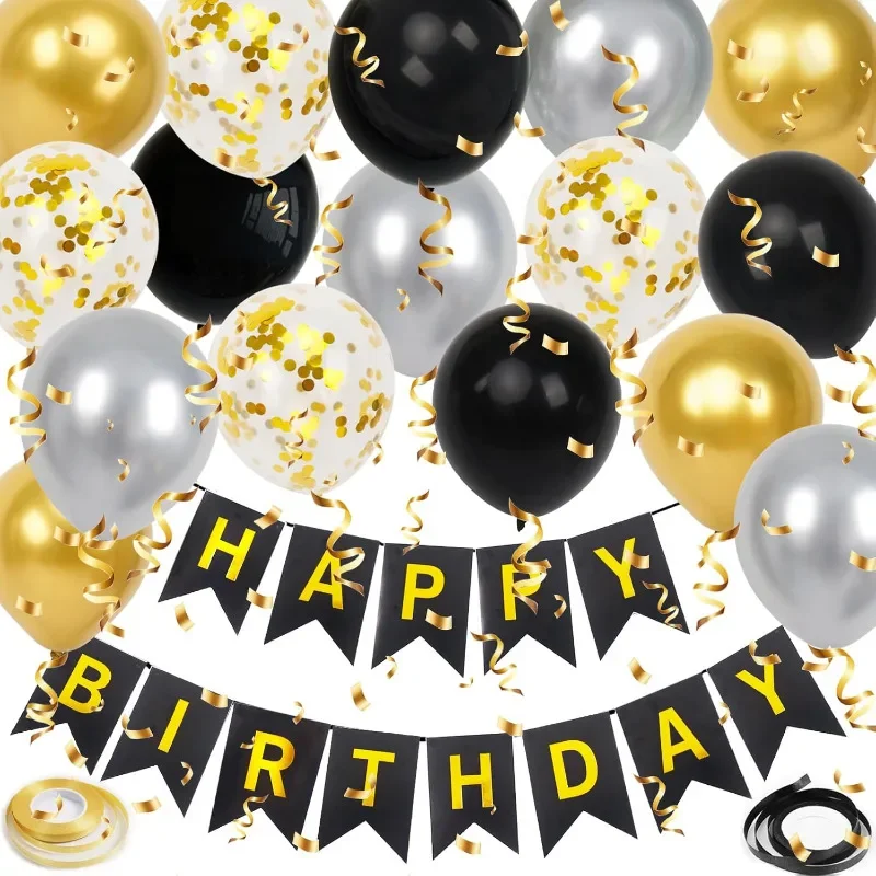 

Black Gold Birthday Hanging Garlands Confetti Balloons with 2 Ribbons Set for Men/Women Birthday Anniversary Party Decorations