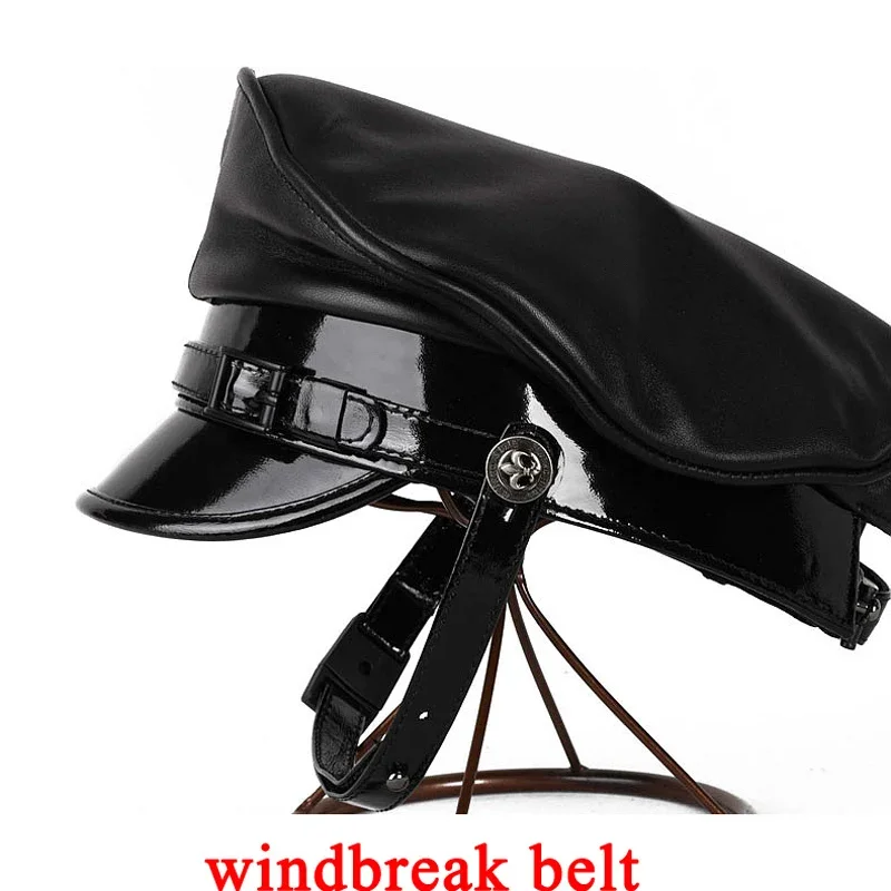 Deluxy Patent Leather Hat For Men European American Black Cadet Hat German Motorcycle Flat Top Captain Caps With Windbreak Belt